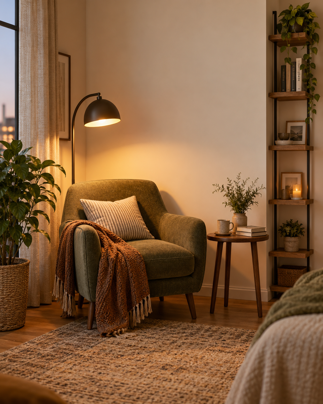 A warm small reading corner with a wall bookshelf, an armchair, plants, soft lighting, a side table, and dark green walls.