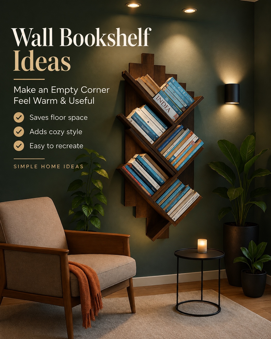 A cozy reading corner with a wall bookshelf, warm wall lighting, an armchair, plants, a side table, and dark green walls.